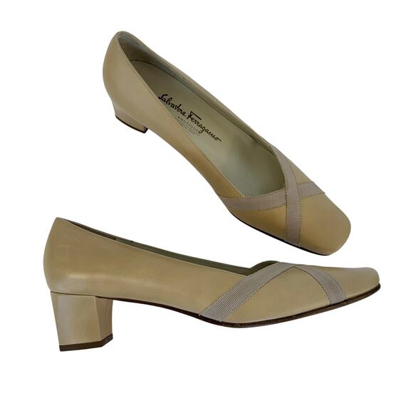 Salvatore Ferragamo Leather Pumps Square-Toe Kitten Heel Nude Taupe 9B - Picture 1 of 12